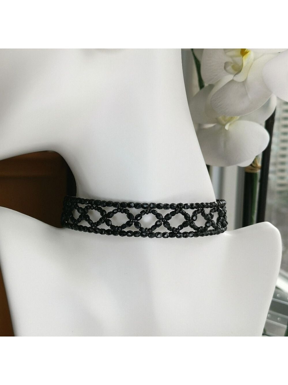 Czech Jet Black Crystal Choker Necklace Handmade